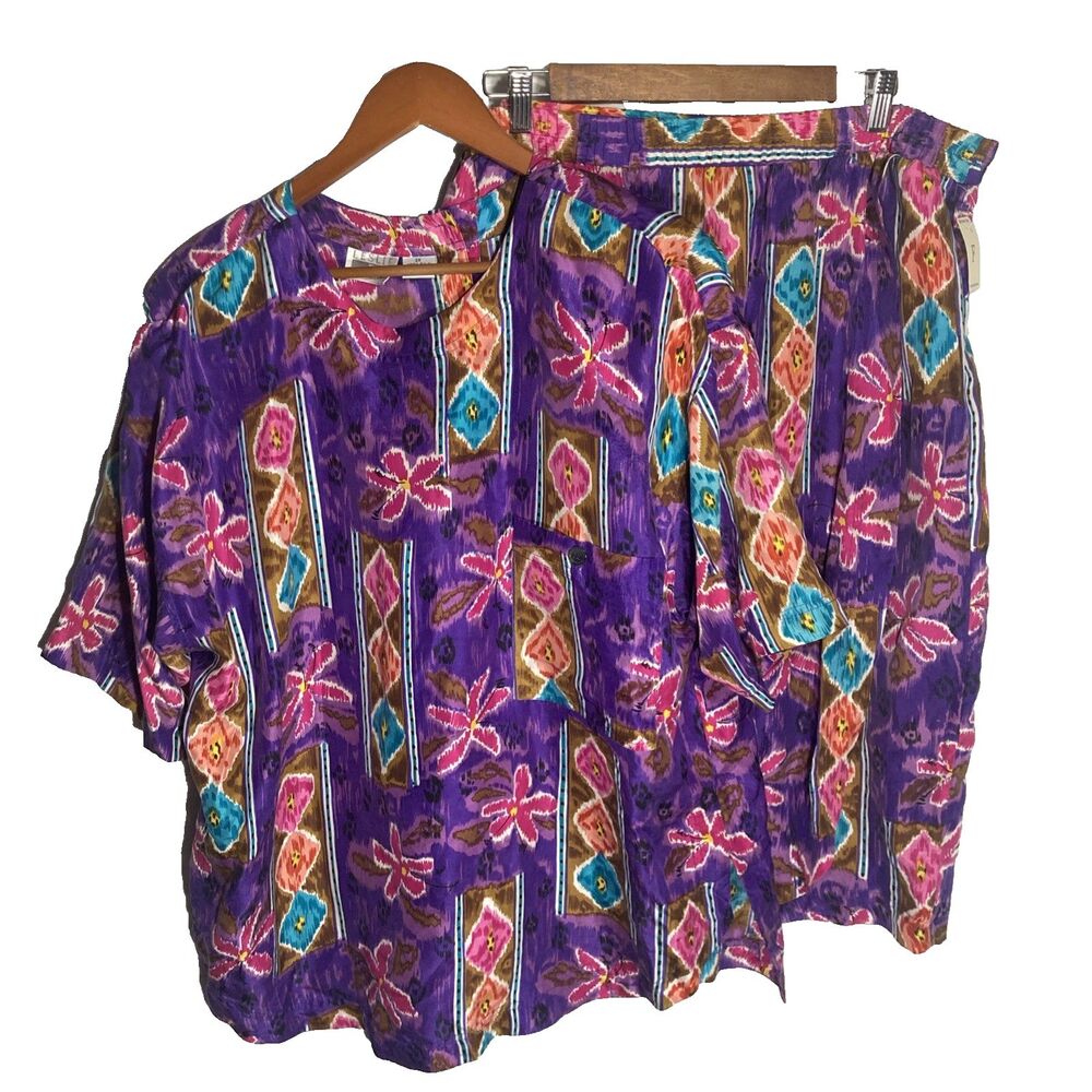 NOS LESLIE FAY purple multicolor floral satin silk 2pc top and skirt set 2X/38